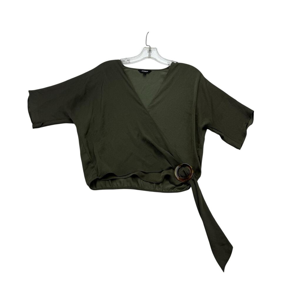 Express Shirt Womens XS Green Short Sleeve V Neck Cropped Lightweight